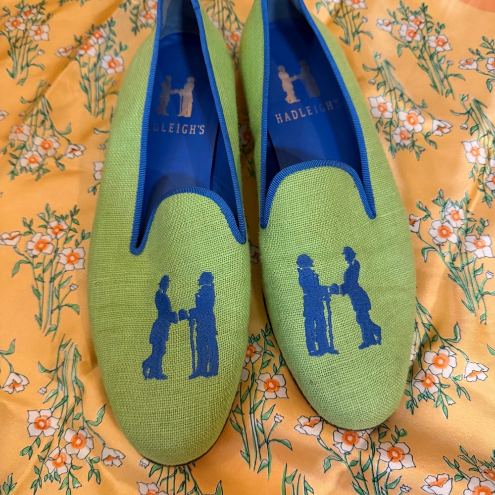 Hadleigh's Lime Green Linen Smoking Slippers Blue Logo Loafers Size 38 Italy